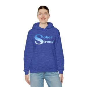 female model wearing blue sweatshirt with the words "Sober Strong"